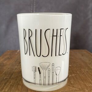 Rae Dunn Glass “BRUSHES” Makeup Brushes Cup/Holder White Glass Black lettering